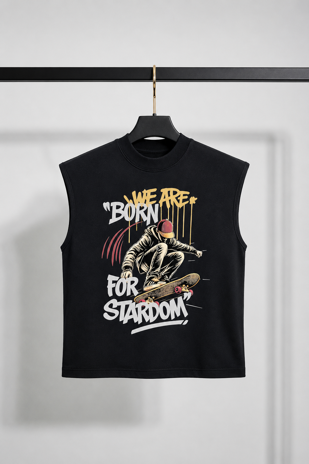 Black sleeveless shirt with graphic design and text on a hanger against a white background