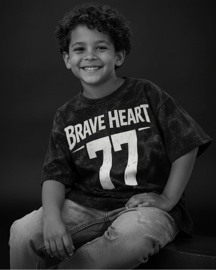 Brave Heart 77 Tee - Dark Moody Studio B&W Model Full Colour Design